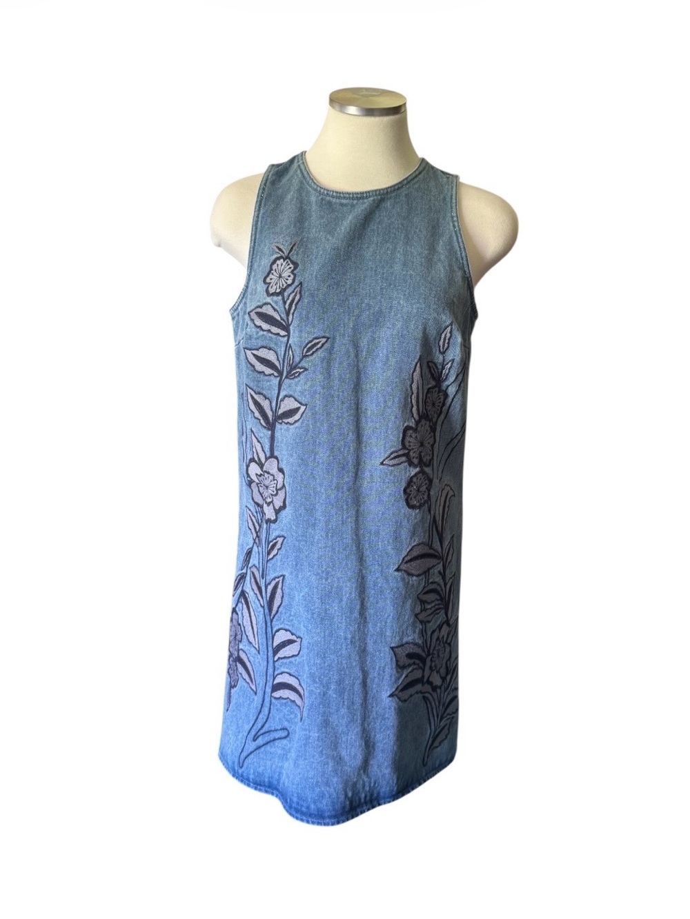 LOFT Denim Blue Floral Embroidered Mini Dress